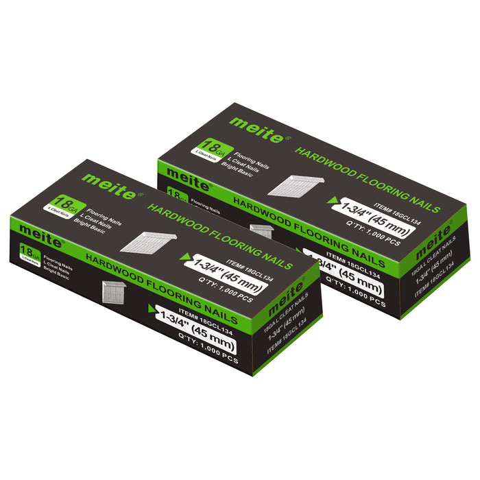 Meite USA 18Ga 1-3/4 inch length L-cleat flooring nails, two boxes, white background