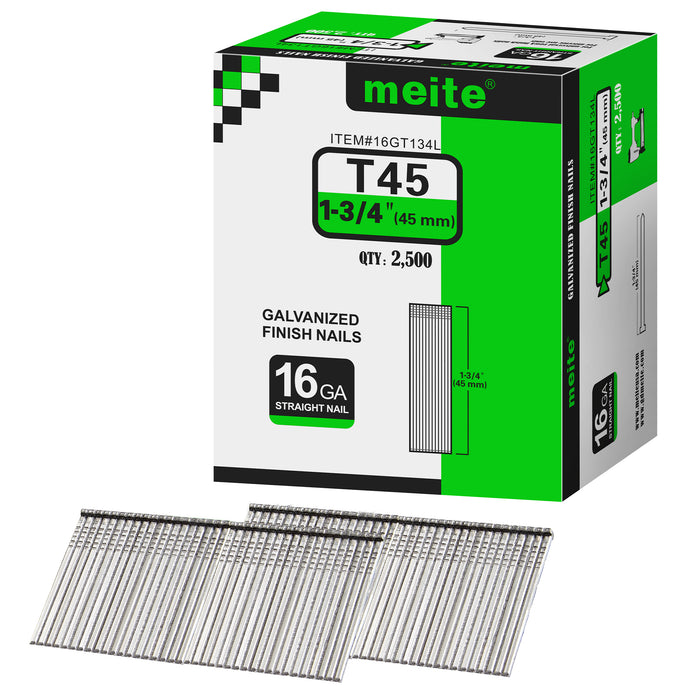 One box pack of meite USA 16 gauge 1 3/4 inch length finish nails, 2500 pieces, showing with two strips brad nails on white background