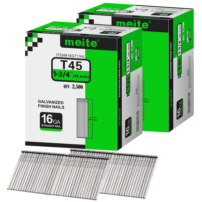 Two boxes pack of meite USA 16 gauge 1 3/4 inch length finish nails, 2500 pieces per box, showing with two strips brad nails on white background