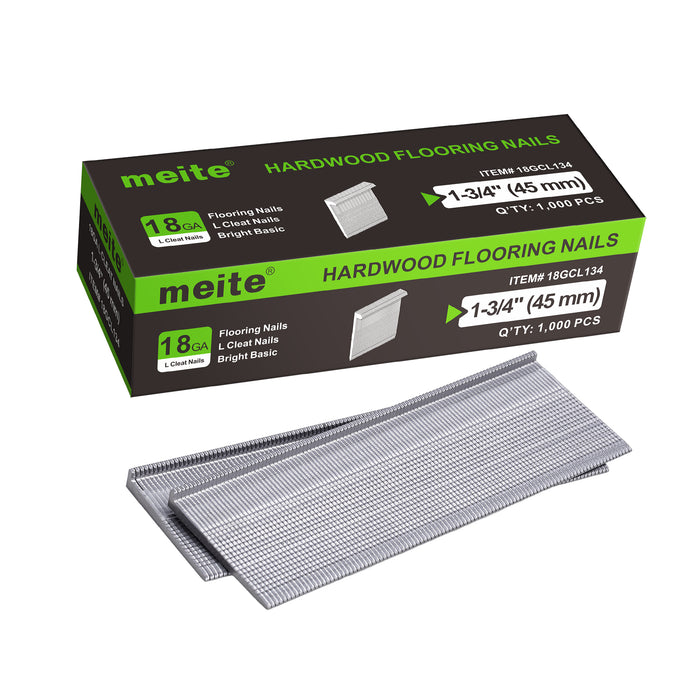 Meite USA 18Ga 1-3/4 inch length L-cleat flooring nails packaging box with with two strips flooring nails on white background