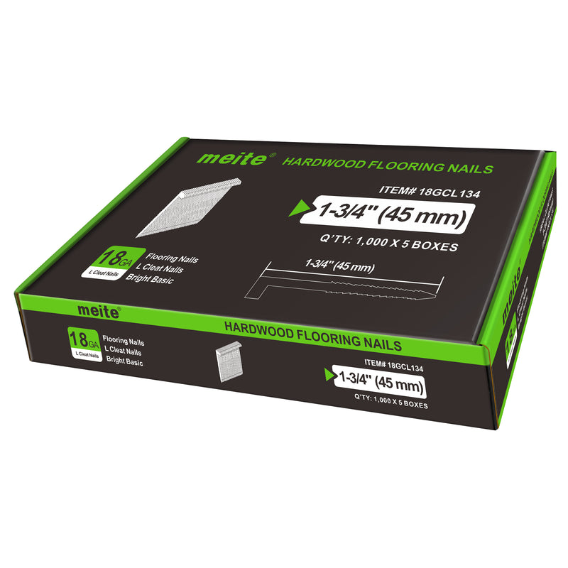 Meite USA 18Ga 1-3/4 inch length L-cleat flooring nails, 5 boxes in one case, white background