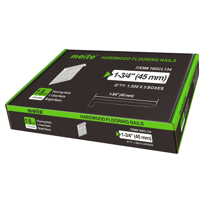Meite USA 18Ga 1-3/4 inch length L-cleat flooring nails, 5 boxes in one case, white background