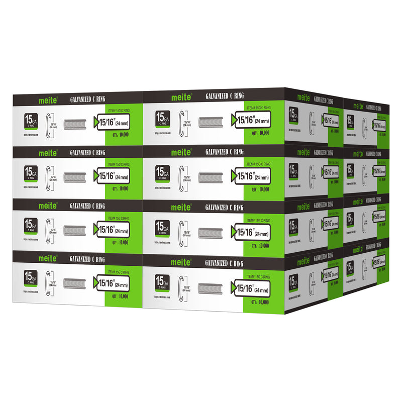 Meite USA 16 boxes 15 gauge 3/4" crown hog rings at 10000 pieces per box, displayed on a white background