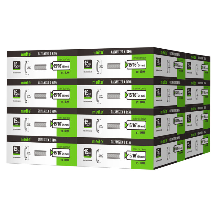 Meite USA 16 boxes 15 gauge 3/4" crown hog rings at 10000 pieces per box, displayed on a white background
