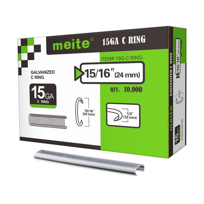 Meite USA one box of 15 gauge 3/4" crown hog rings at 10000 pieces per box, displayed on a white background