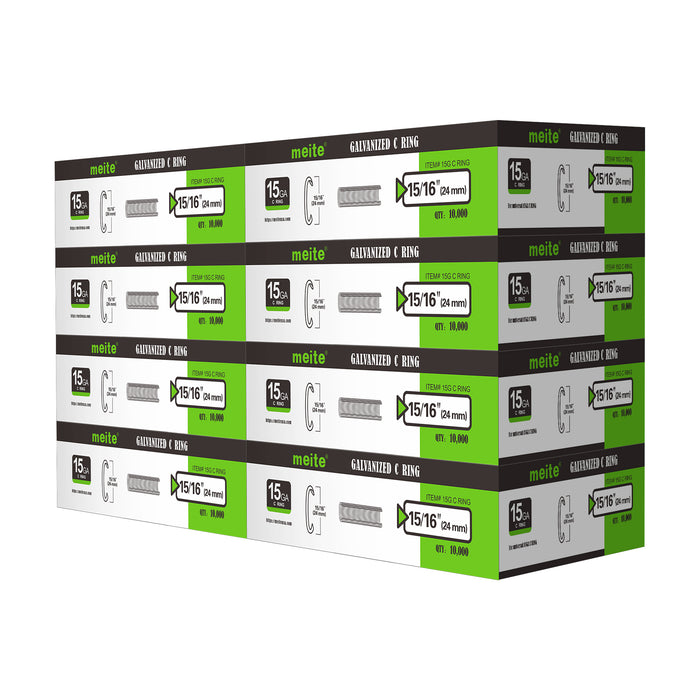 Meite USA 8 boxes 15 gauge 3/4" crown hog rings at 10000 pieces per box, displayed on a white background