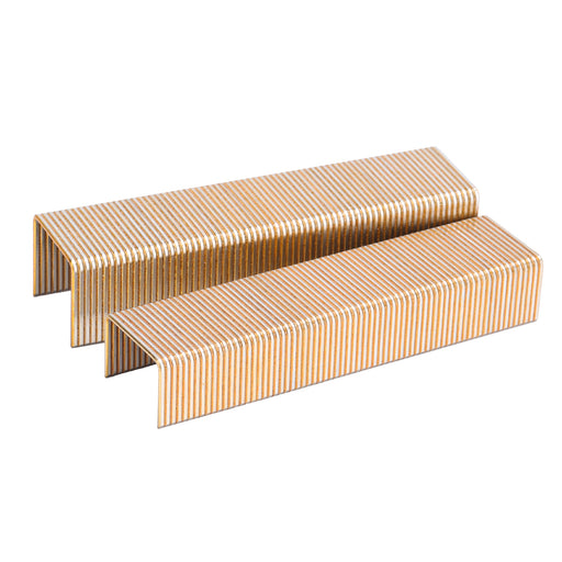 Two strips of Meite USA 16 gauge 1" upholstery staples displayed on a white background