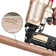 Meite USA 16 gauge 1" upholstery staples driven into the wooden board with nail gun