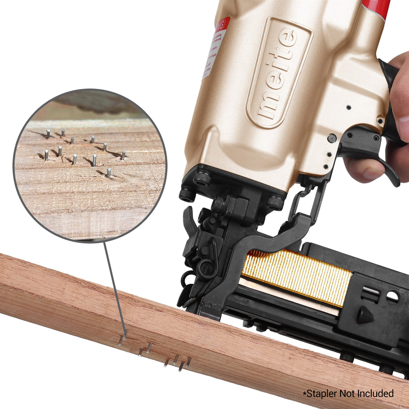 Meite USA 16 gauge 1" upholstery staples driven into the wooden board with nail gun