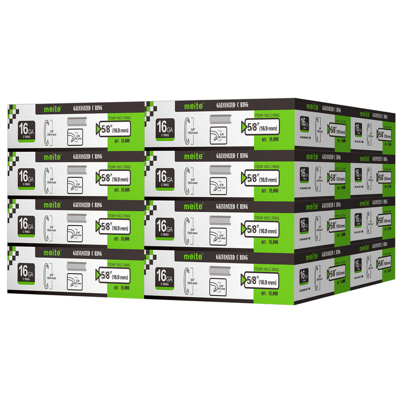 Meite USA 16 boxes of 16 gauge 1/2" crown hog rings at 18000 pieces per box, displayed on a white background