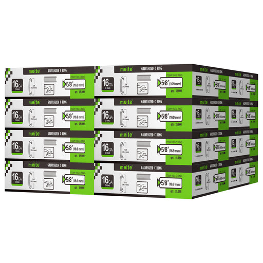 Meite USA 16 boxes of 16 gauge 1/2" crown hog rings at 18000 pieces per box, displayed on a white background