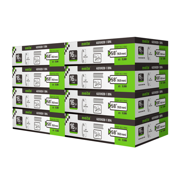 Meite USA 8 boxes of 16 gauge 1/2" crown hog rings at 18000 pieces per box, displayed on a white background