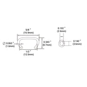 Sketch size information of Meite USA 15 gauge 1/2" crown hog rings, 3.6mm closure diameter, 1/2 inch inter crown, and 5/8 inch outer crown 