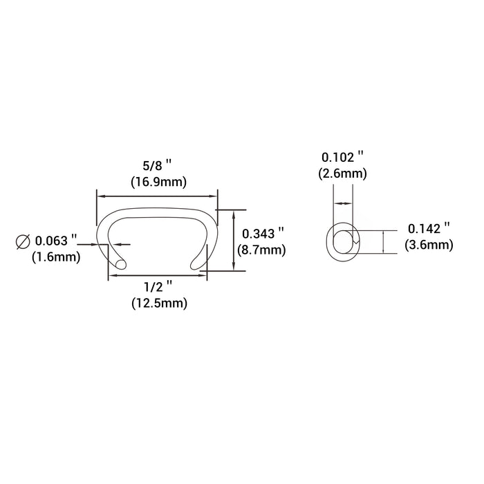 Sketch size information of Meite USA 15 gauge 1/2" crown hog rings, 3.6mm closure diameter, 1/2 inch inter crown, and 5/8 inch outer crown 