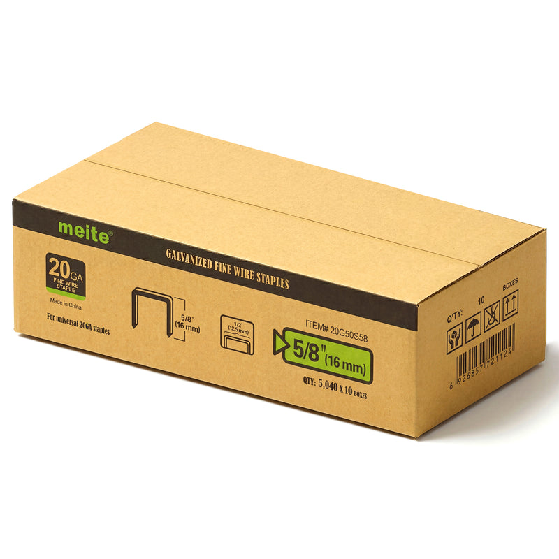 Meite USA case pack containing 10 boxes of 20Ga 1/2-inch crown 5/8'' length upholstery staples with 5040 pieces per box on a white background