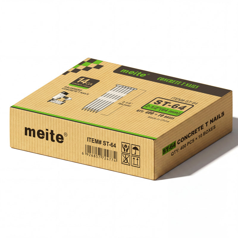 Meite USA 14 gauge 2 1/2 inch length concrete T nails, 20 boxes per case, 4000 pcs in total, displayed at a white background