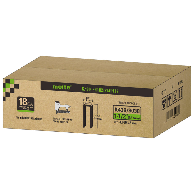 Meite USA 18 gauge 1/4 inch crown staples in 1-1/2 inch length case at 8 box per case displayed on a white background