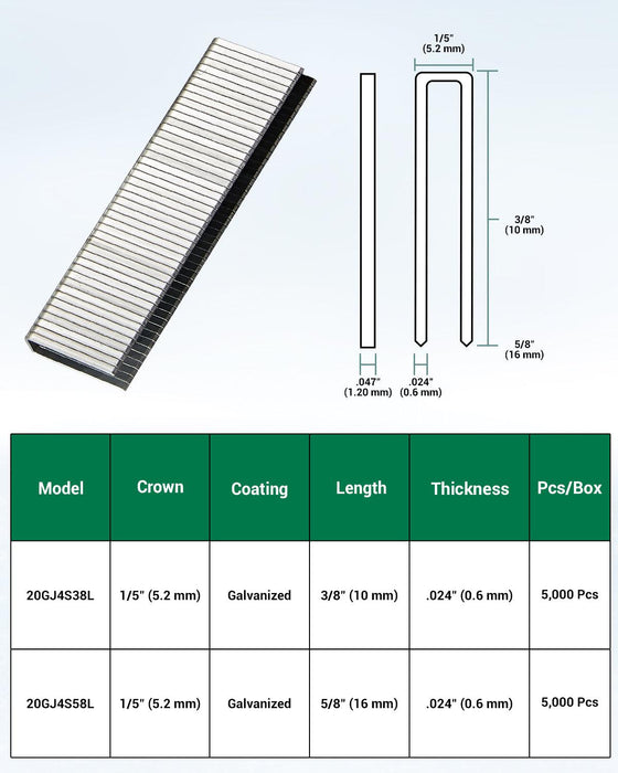 20 Gauge J4 Series 1/5" Crown 3/8" to 5/8" Length Staples Fine Wire Staples - MEITE USA