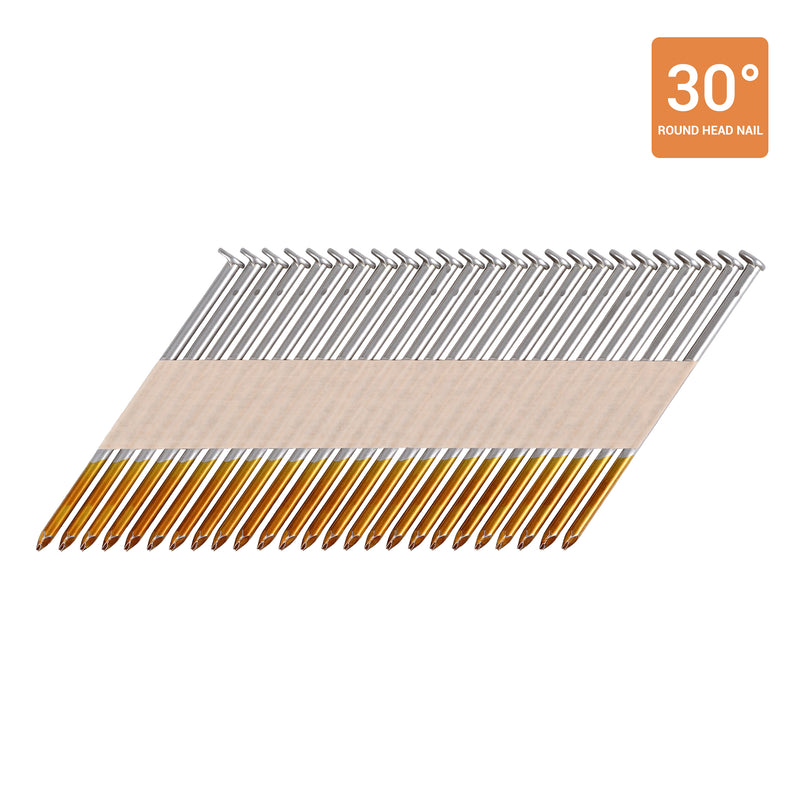 Meite USA 30-degree offset round head smooth shank framing nails displayed in a single angled strip on a white background