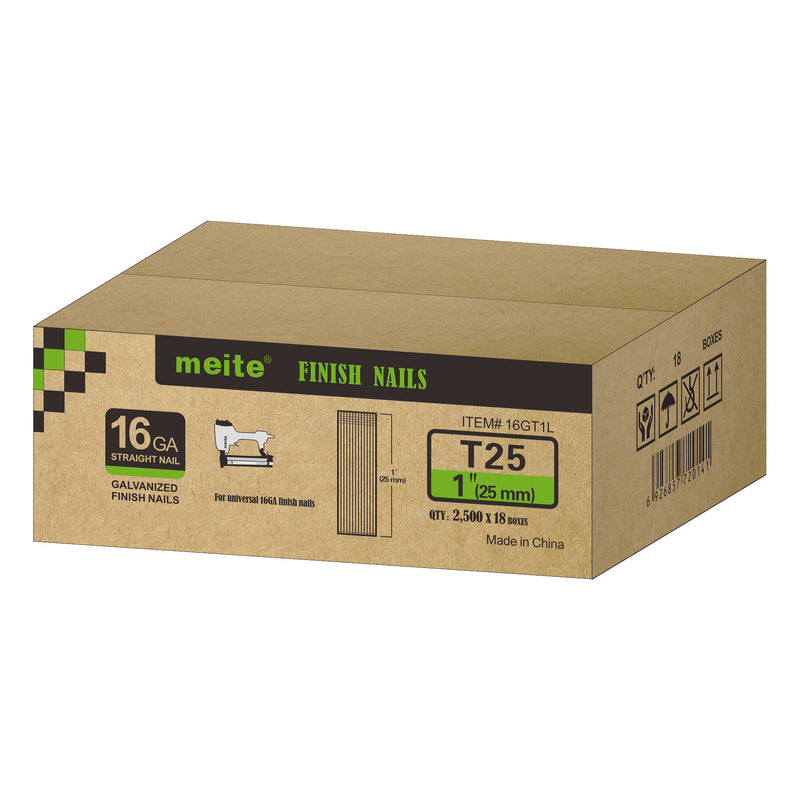 One case pack of meite USA 16 gauge 1  inch length finish nails, each box contains 2500 pieces, 18 boxes per case