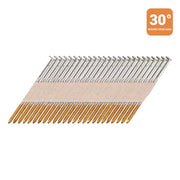 Meite USA 30-degree offset round head ring shank framing nails displayed in a single angled strip on a white background
