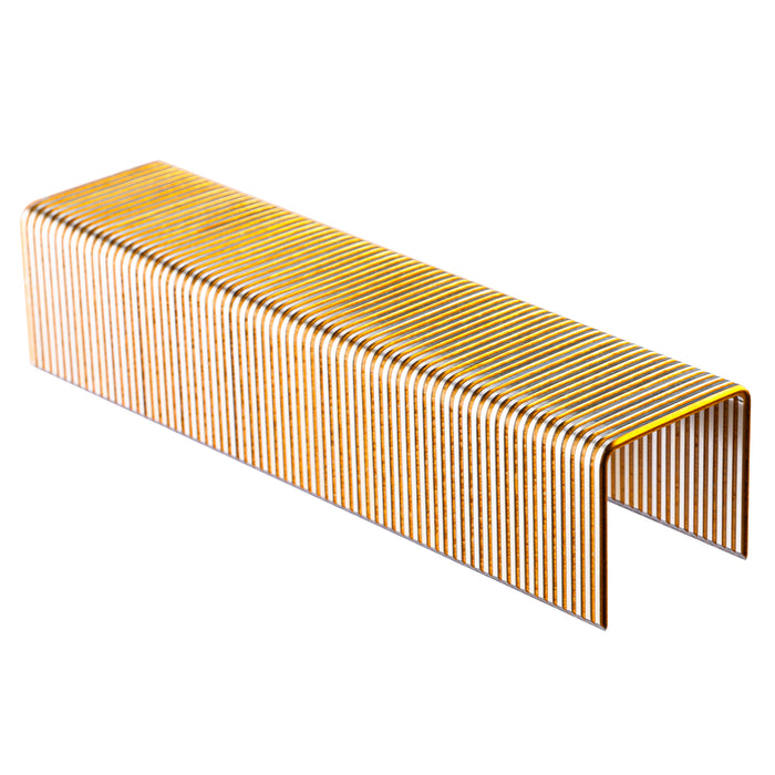 Meite USA 16 gauge 1 inch crown staples in 1 inch length displayed in single strip on a white background