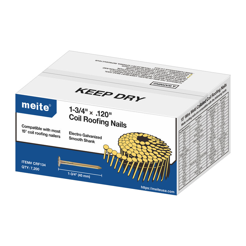 Meite USA 1-3/4 inch length roofing coil nails box displayed on a white background