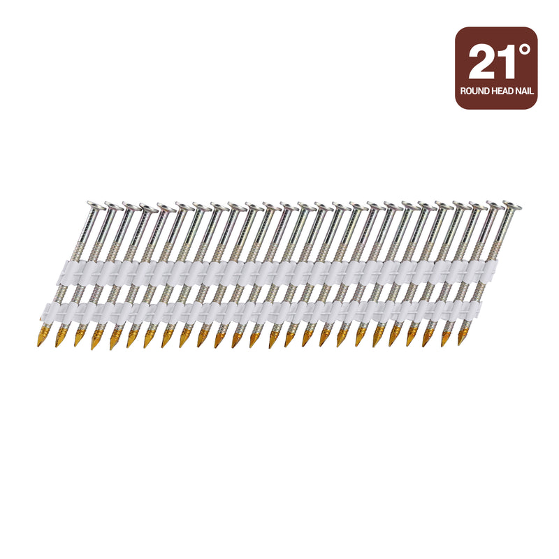 Meite USA 21-degree offset round head 2 inch length framing nails displayed in a single angled strip on a white background