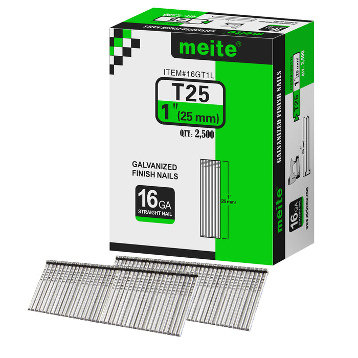 One box pack of meite USA 16 gauge 1 inch length finish nails, 2500 pieces, showing with two strips brad nails