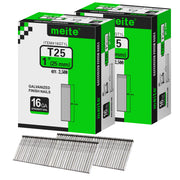 Two boxes pack of meite USA 16 gauge 1 inch length finish nails, 2500 pieces per box, showing with two strips brad nails on white background