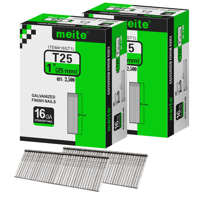 Two boxes pack of meite USA 16 gauge 1 inch length finish nails, 2500 pieces per box, showing with two strips brad nails on white background