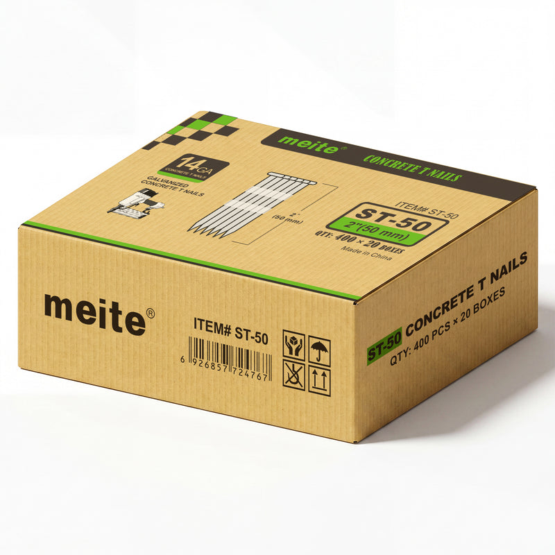 Meite USA 14 gauge 2 inch length concrete T nails, 20 boxes per case, 8000 pcs in total, displayed at a white background