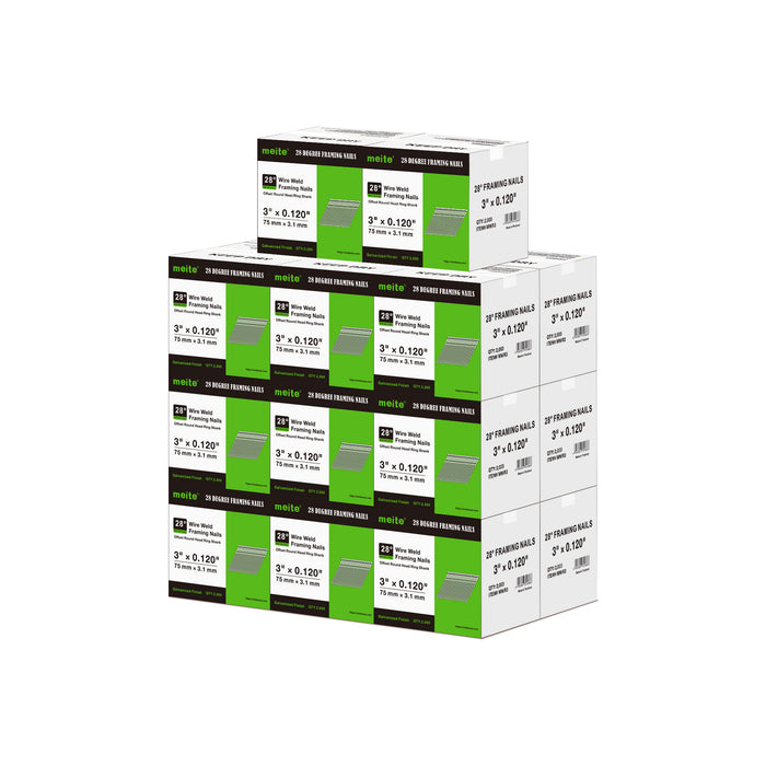 Meite USA 28-degree 3 inch length ring shank framing nails, a pallet with 20 boxes at 2000 pieces per box, displayed on a white background