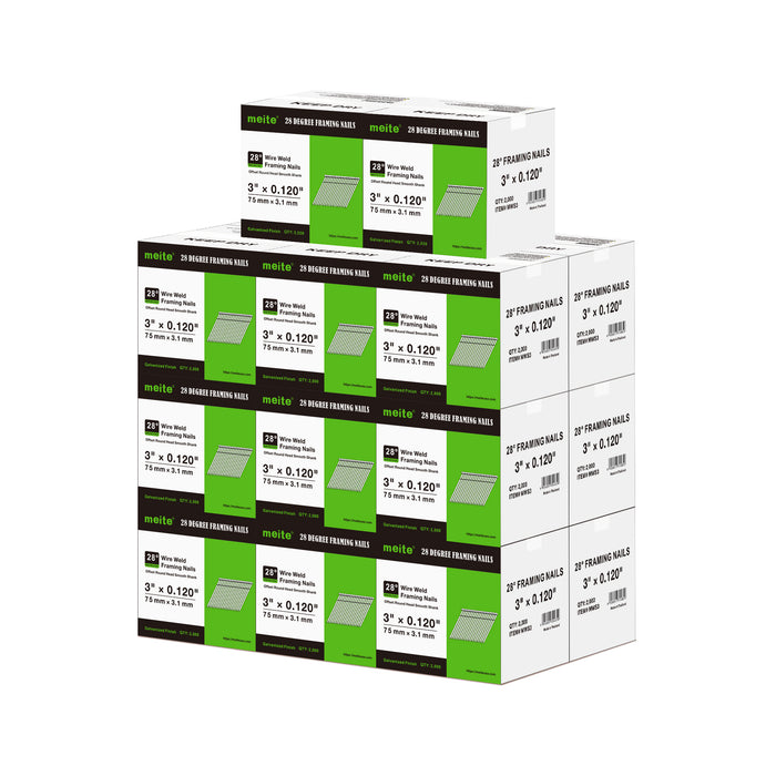Meite USA 28-degree 3 inch length smooth shank framing nails, a pallet with 20 boxes at 2000 pieces per box, displayed on a white background