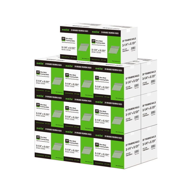 Meite USA 28-degree 3 1/4 inch length smooth shank framing nails, a pallet with 20 boxes at 2000 pieces per box, displayed on a white background