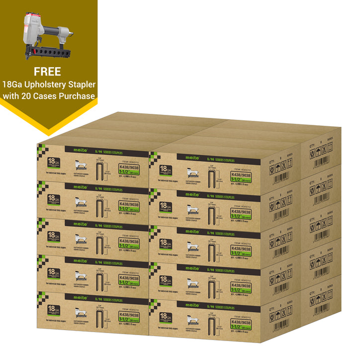 Meite USA 18 gauge 1/4 inch crown staples in 1-1/2 inch length, 20 cases at 8 boxes per case, displayed with one included 18 gauge upholstery stapler on a white background