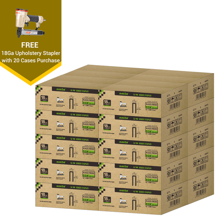Meite USA 18 gauge 1/4 inch crown staples in 1-1/4 inch length, 20 cases at 8 boxes per case, displayed with one included 18 gauge upholstery stapler on a white background