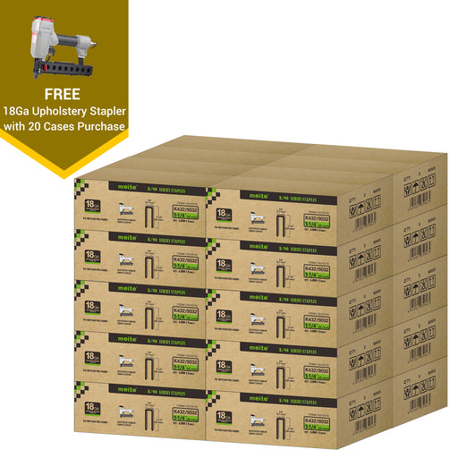 Meite USA 18 gauge 1/4 inch crown staples in 1-1/4 inch length, 20 cases at 8 boxes per case, displayed with one included 18 gauge upholstery stapler on a white background