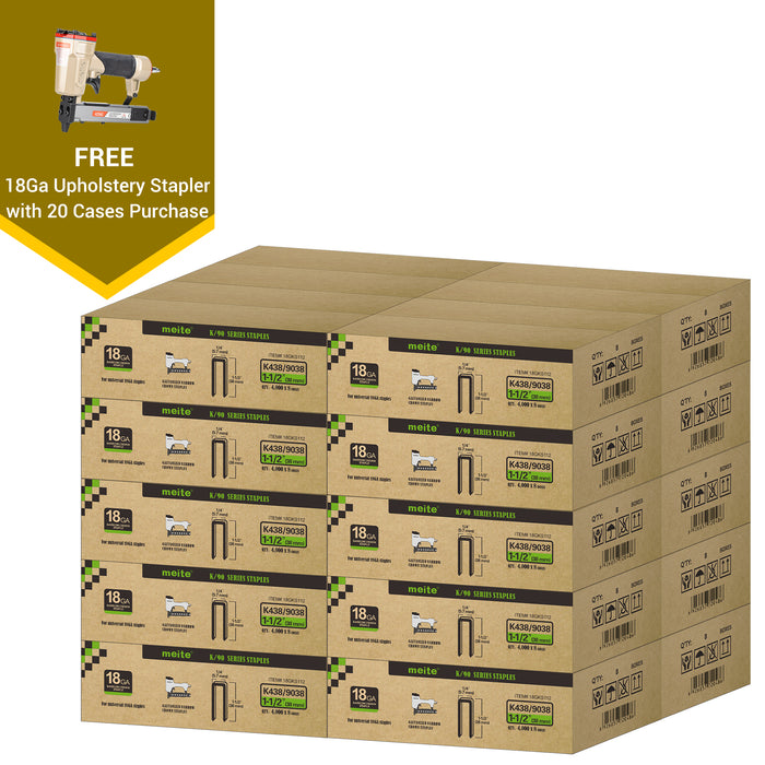 Meite USA 18 gauge 1/4 inch crown staples in 1-1/2 inch length, 20 cases at 8 boxes per case, displayed with one included 18 gauge upholstery stapler on a white background