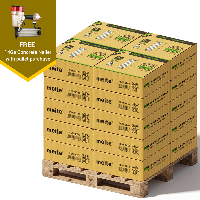 Meite USA 14 gauge 2 inch length concrete T nails, 20 cases at 20 boxes per case, 160000 pcs in total, displayed with one included 14 gauge concrete Nailer on a white background