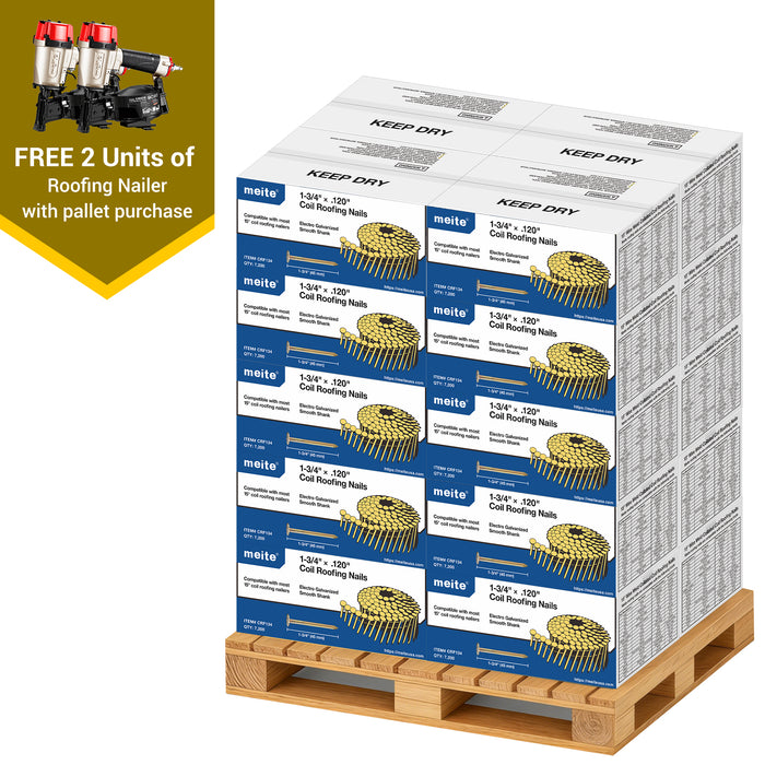Meite USA 1-3/4 inch length roofing coil nails, a full pallet with 20 boxes at 7200 pieces per box, displayed with two included roofing nailers on a white background