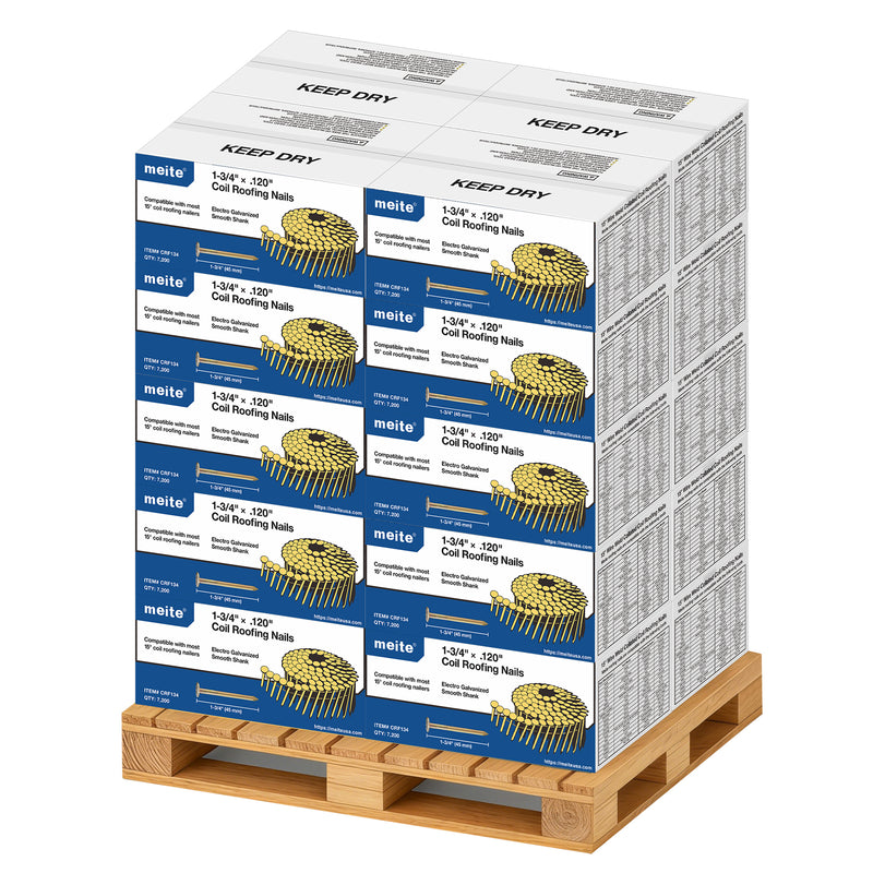 Meite USA 1-3/4 inch length roofing coil nails, a full pallet with 20 boxes at 7200 pieces per box, displayed on a white background