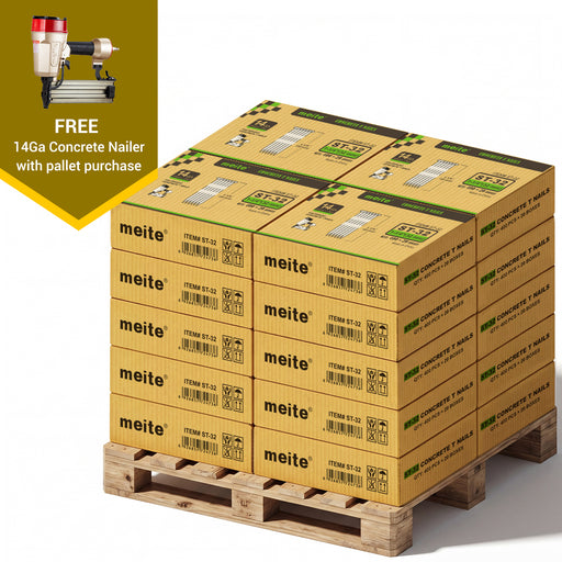 Meite USA 14 gauge 1 1/4 inch length concrete T nails, 20 cases at 20 boxes per case, 160000 pcs in total, displayed with one included 14 gauge concrete Nailer on a white background