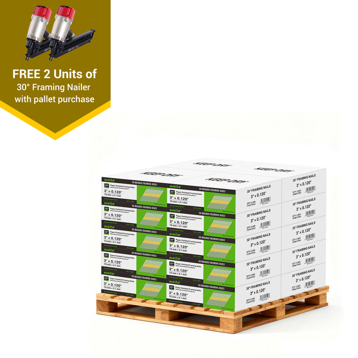 Meite USA 30-degree framing nails, a pallet with 20 boxes at 2000 pieces per box, displayed with two included 30-degree framing nailers on a white background