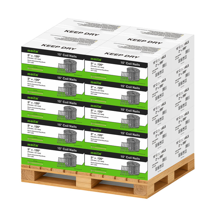 Meite USA 3 inch length coil siding nails, a full pallet with 20 boxes at 4500 pieces per box, displayed on a white background