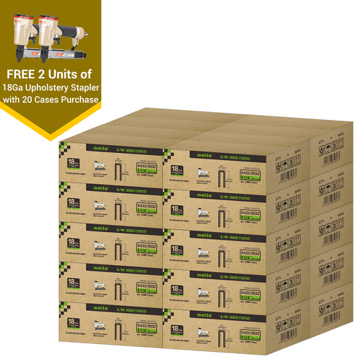 Meite USA 18 gauge 1/4 inch crown staples in 1-1/4 inch length, 20 cases at 8 boxes per case, displayed with two included 18 gauge upholstery staplers on a white background