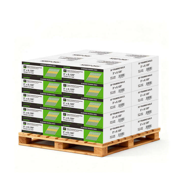 Meite USA 30-degree ring shank framing nails, 20 boxes at 2000 pieces per box, displayed on a white background