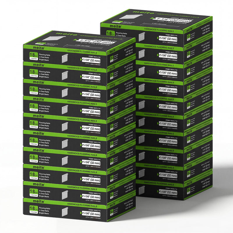 20 Cases of meite USA 18Ga 1-1/4 inch length L-cleat flooring nails, 5 boxes in one case, 100,000 PCS in total, in white background