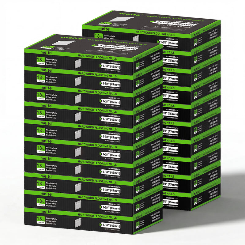 20 Cases of meite USA 18Ga 1-3/4 inch length L-cleat flooring nails, 5 boxes in one case, 100,000 PCS in total, in white background