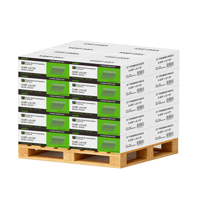 Meite USA 21-degree 2-3/8 inch length framing nails, a pallet with 20 boxes at 1000 pieces per box, displayed on a white background